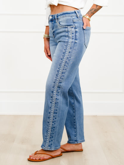Risen High Rise Medium Wash Barrel Jeans with Embroidered Side Accents