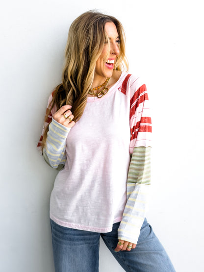 Knit Long Sleeve Round Neck Top with Stripes
