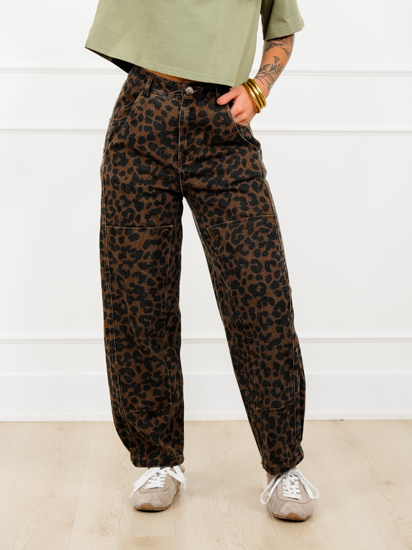 Leopard Print Twill Mid Rise Barrel Pants