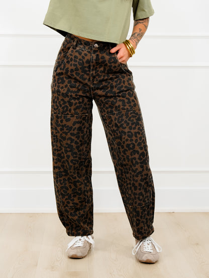 Leopard Print Twill Mid Rise Barrel Pants
