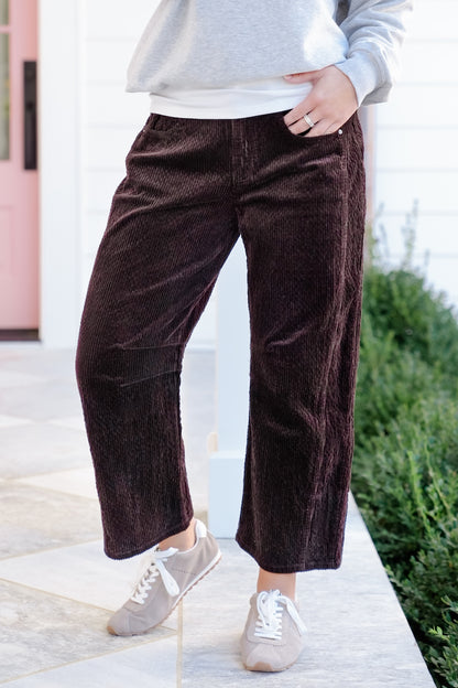 Plus/Reg Corduroy High Waist Barrel Leg Pants