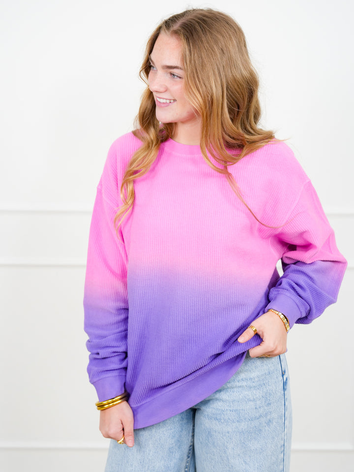 Plus/Reg Pink Dip Dyed Corded Long Sleeve Pullover Top