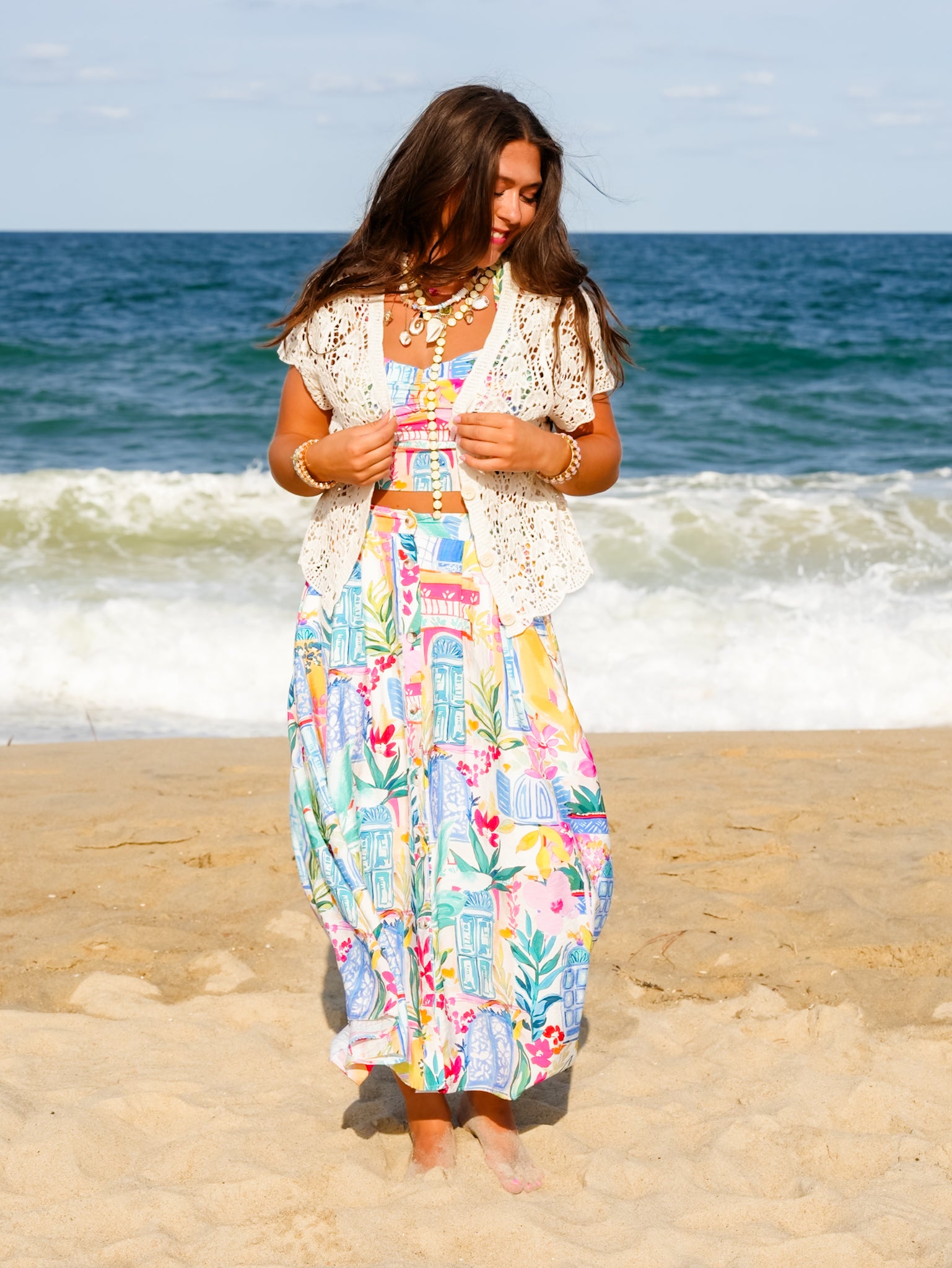 Coastal Print Elastic Waist Button Down Midi Skirt - Freckled Poppy