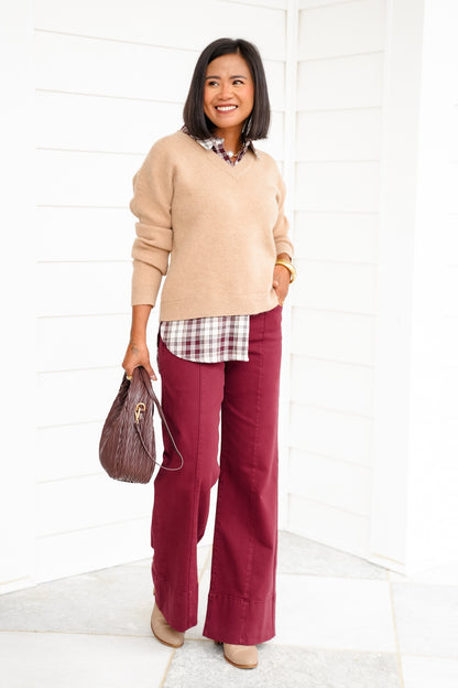 Risen Mid Rise Wine Tummy Control Wide Leg Jeans with Large Wide Hem