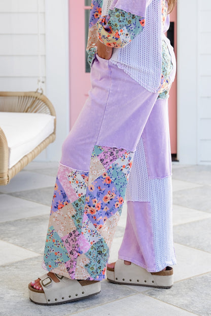 Color Block Floral Elastic Waist Wide Leg Knit Pants with Side Pockets