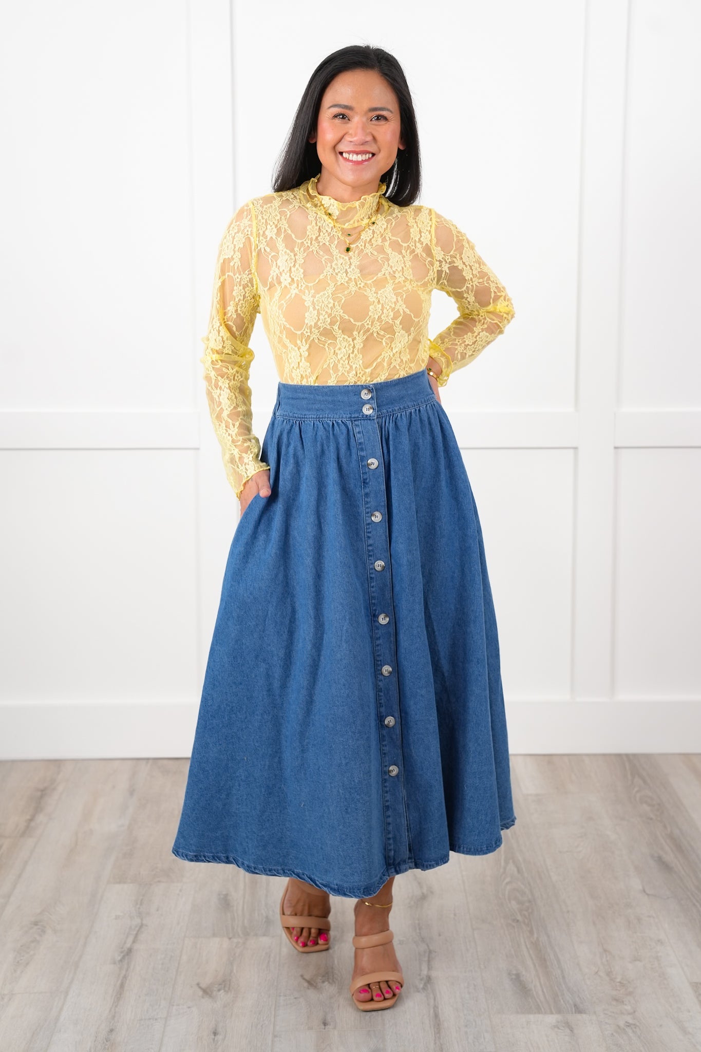 Plus/Reg Floral Lace Long Sleeve Mock Neck Top