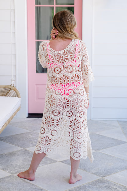 Restock! POL Crochet Short Sleeve Scoop Neck Cover Up Dress