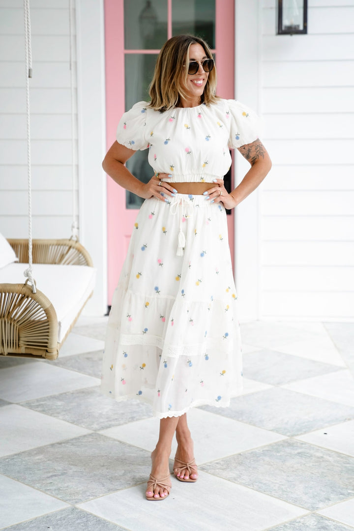 Embroidered Floral Short Balloon Sleeve Crop Top and Maxi Skirt Set