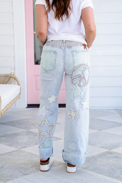 Mineral Wash Wide Leg Denim Jeans with Star Patchwork Detail
