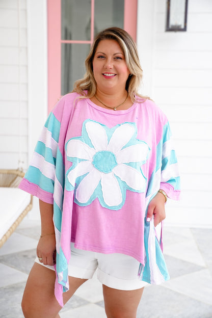 Color Block Flower Patch Long Sleeve Poncho Top