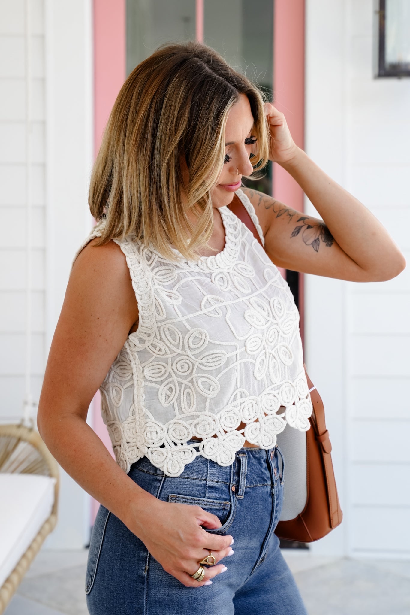 Floral Crochet Sleeveless Crop Tank Top