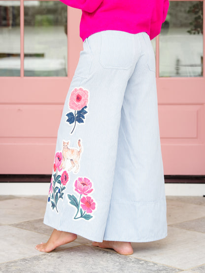 Plus/Reg Stripe High Waist Wide Leg Pants with Floral Cat Detail - Freckled Poppy