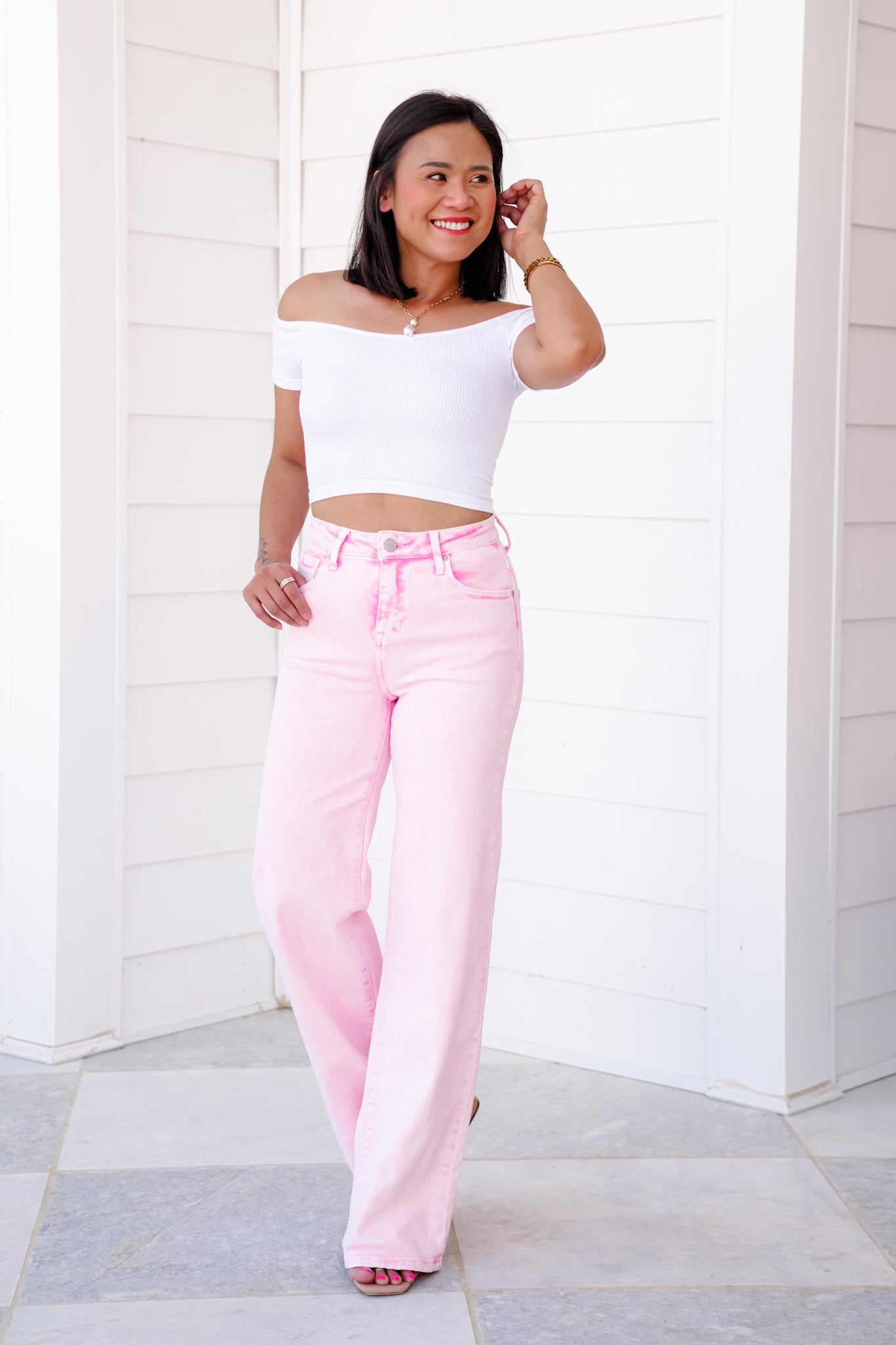 FP x Risen High Rise Acid Pink Tummy Control Wide Leg Jeans