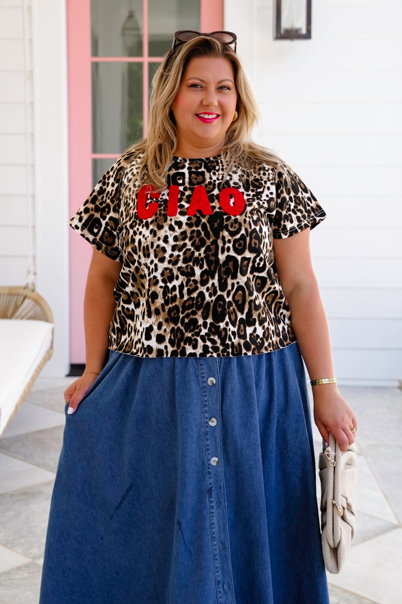 Plus/Reg Leopard Short Sleeve Top with "CIAO" Patch Detail