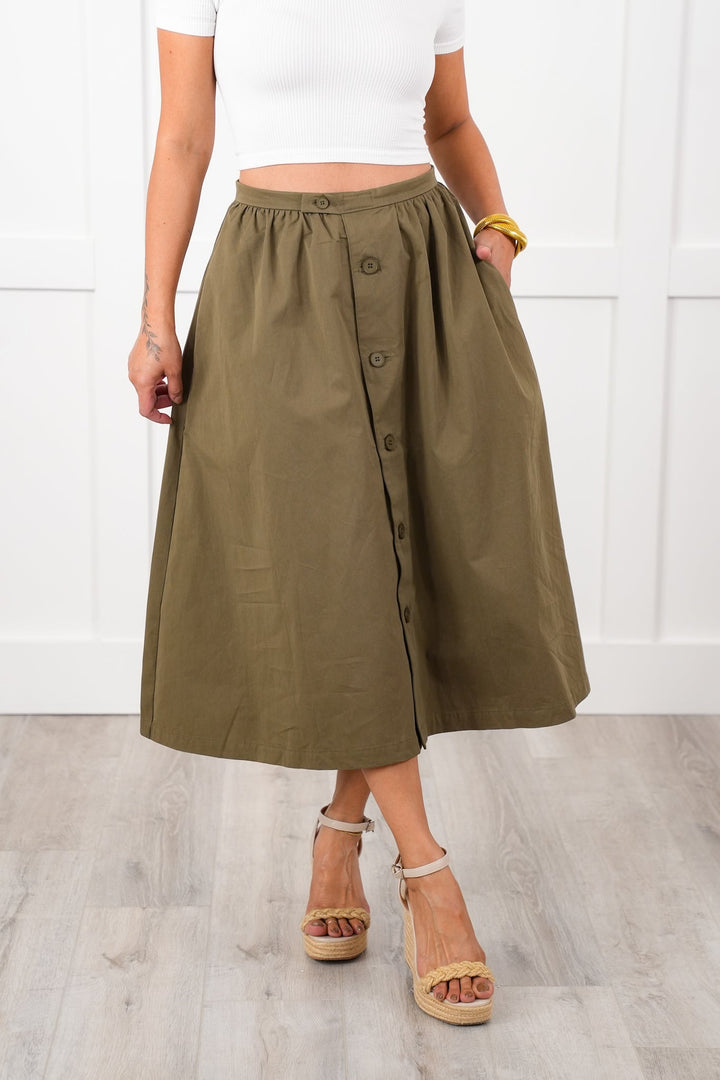 Olive Poplin Button Down Skirt with Side Pockets