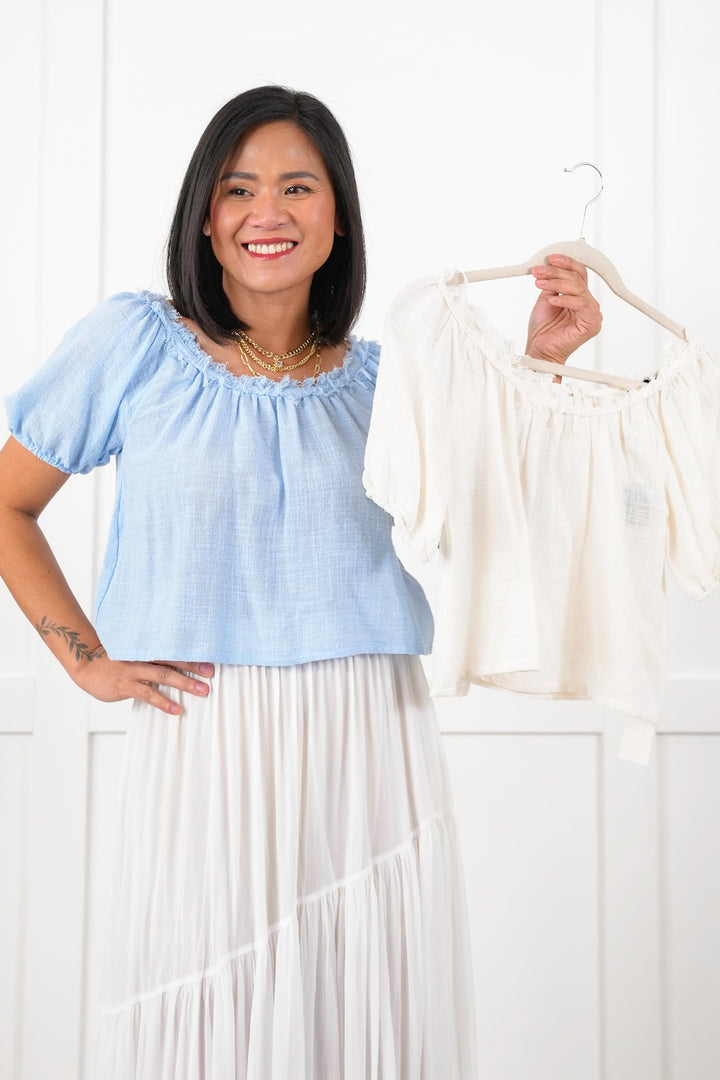 Woven Short Puff Sleeve Cropped Top