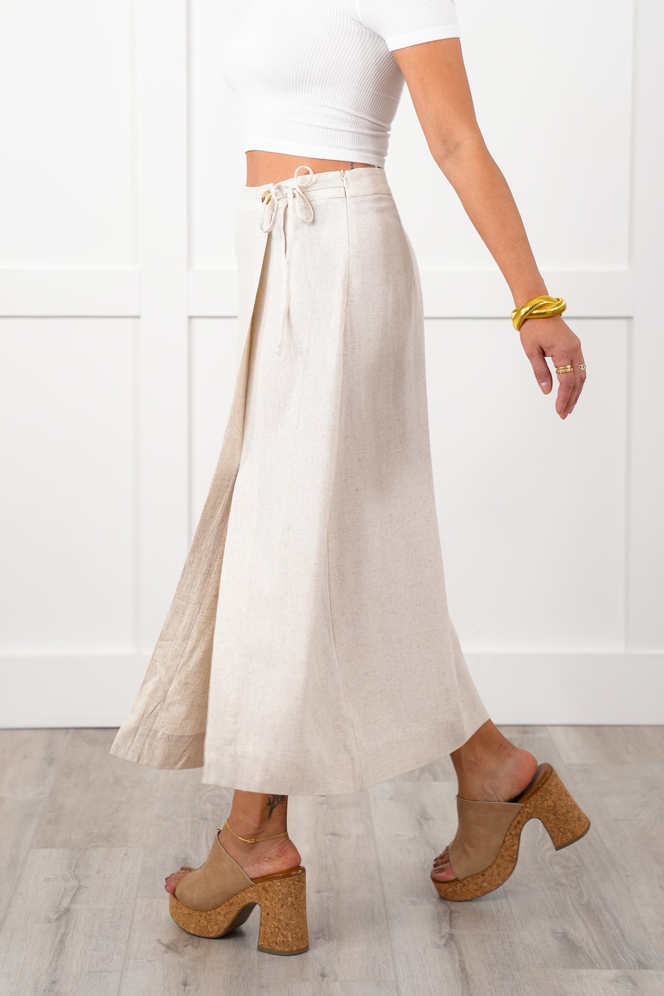 Linen Side Tie Midi Skirt with Front Slit Detail