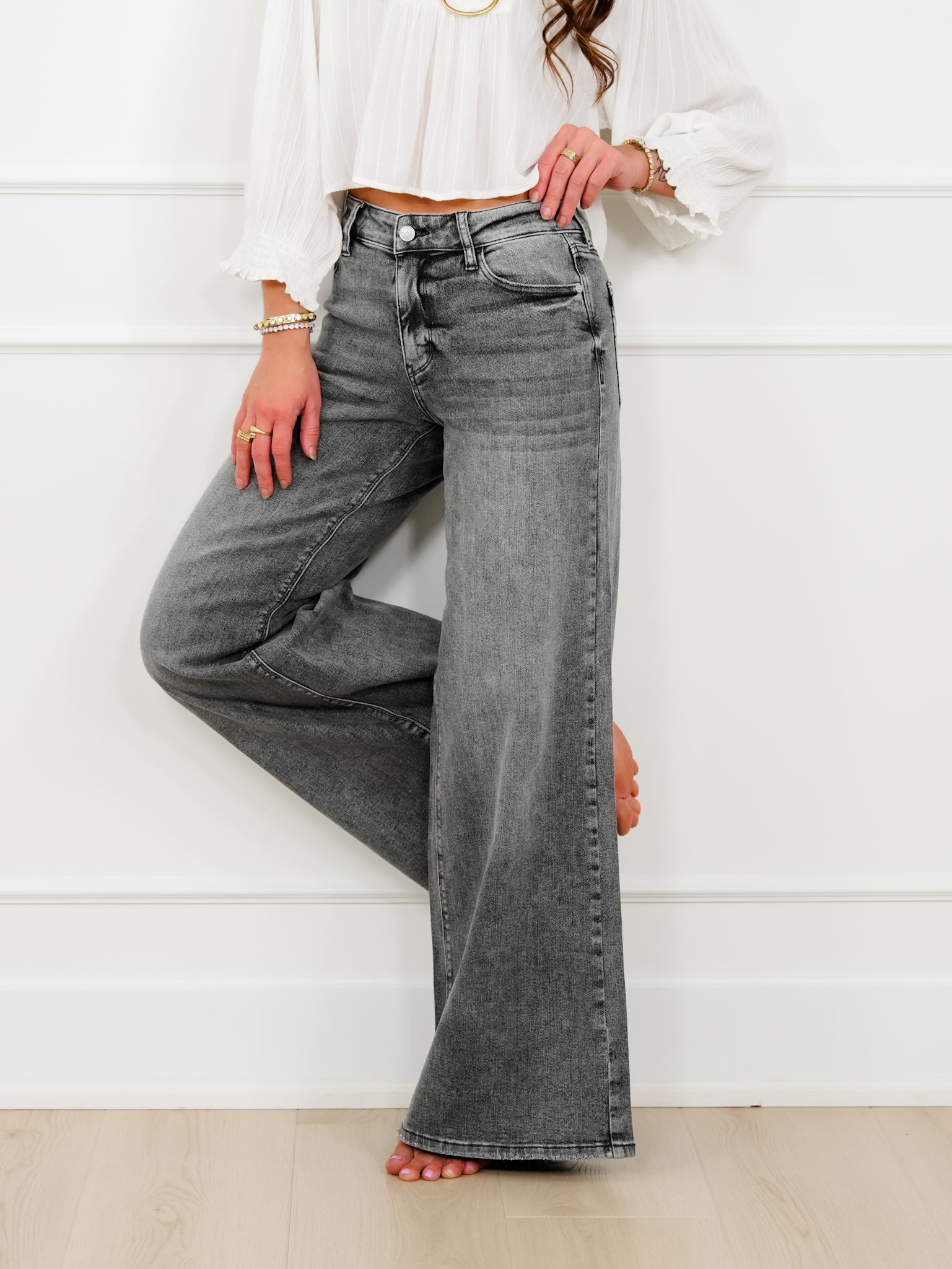 Judy Blue Stormy Days Mid Rise Gray Palazzo Jeans with Split Back