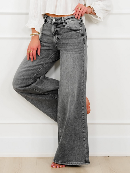 ポーカーズ BIO グレー JEANS dyed double waist Judy Blue Stormy Days Mid Rise Gray Palazzo Jeans with Split Back
