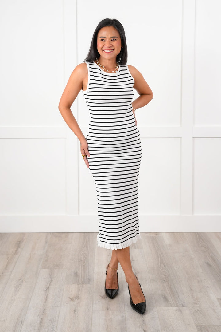 Knit Stripe Sleeveless Maxi Dress with Ruffle Hem