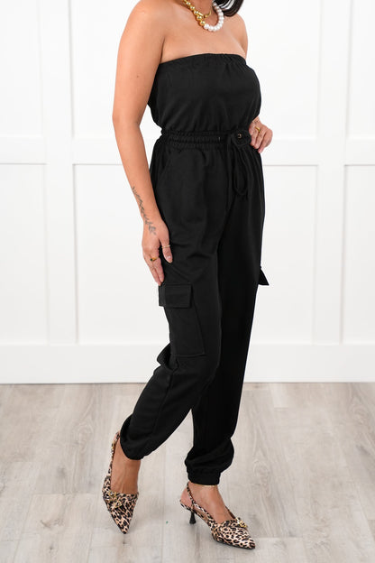 Solid Strapless Cargo Jogger Jumpsuit