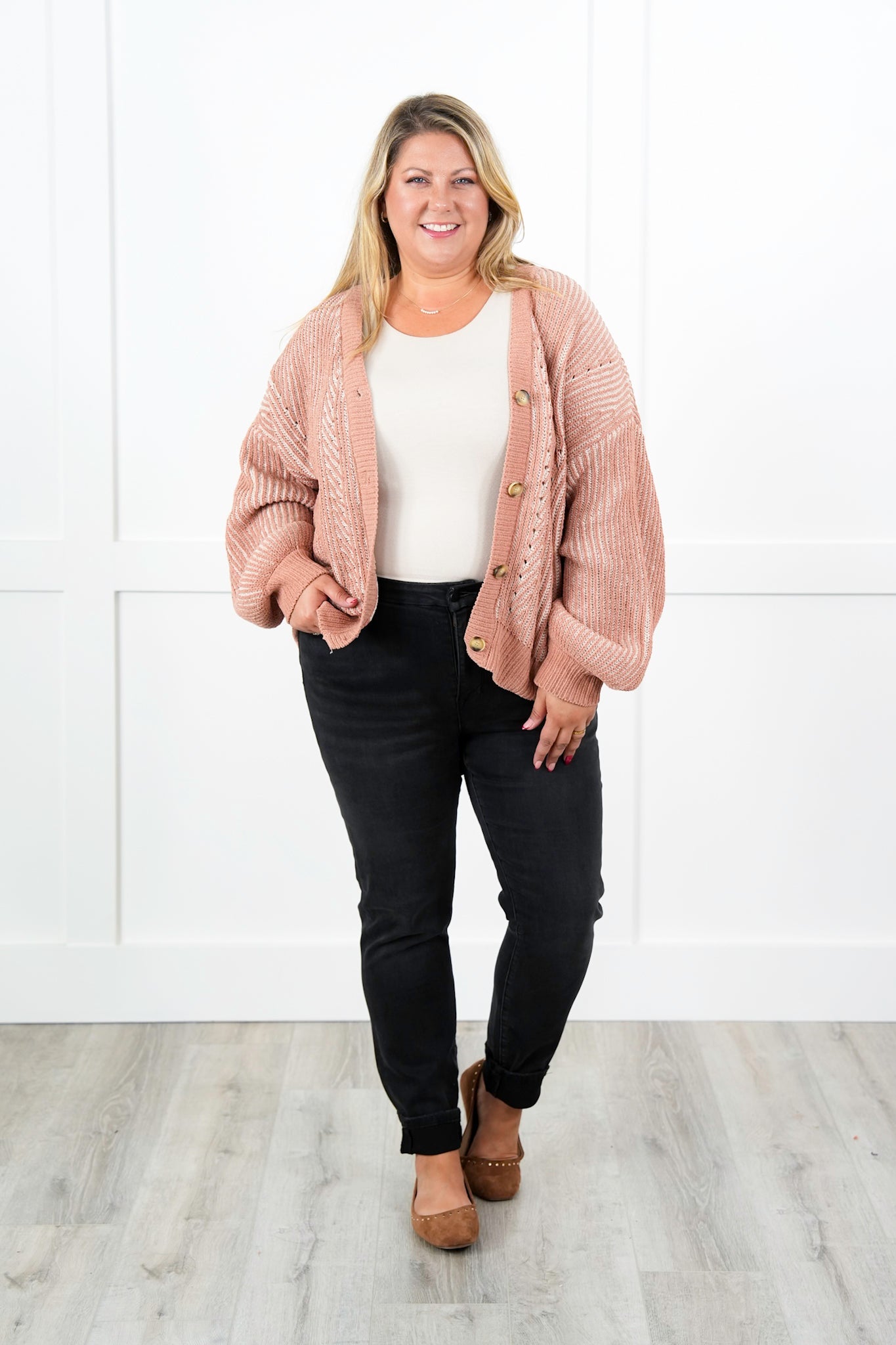 Plus/Reg Two Tone Long Sleeve Button Down Cardigan