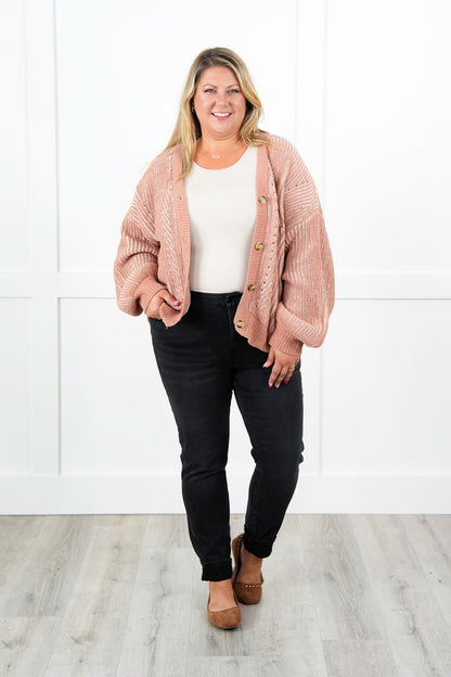 Plus/Reg Two Tone Long Sleeve Button Down Cardigan
