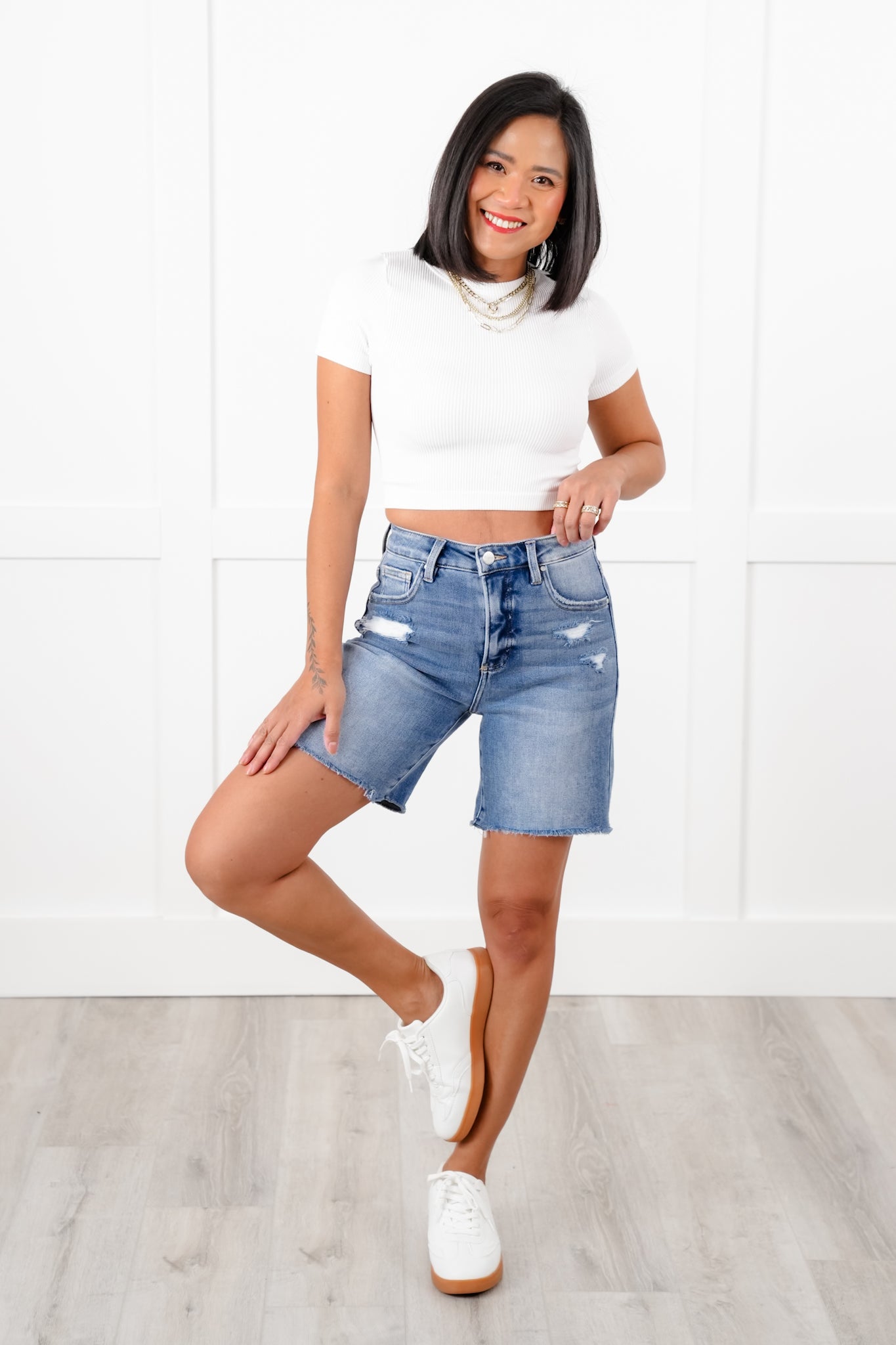 Risen Medium Wash Tummy Control Loose Fit Mid Length Shorts