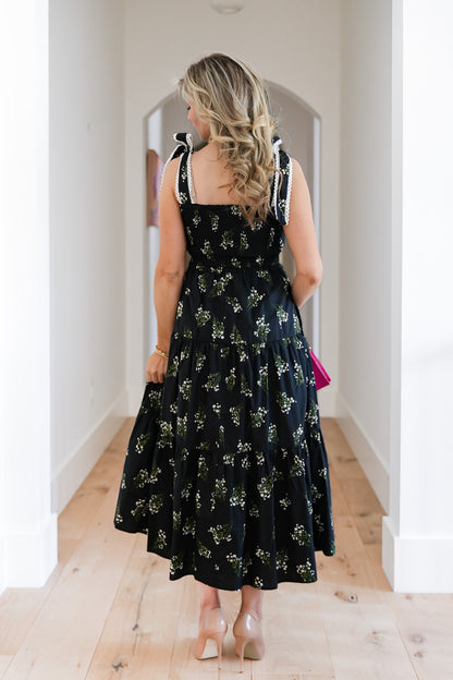 Floral Sleeveless Tie At The Shoulder Tiered Midi Dress