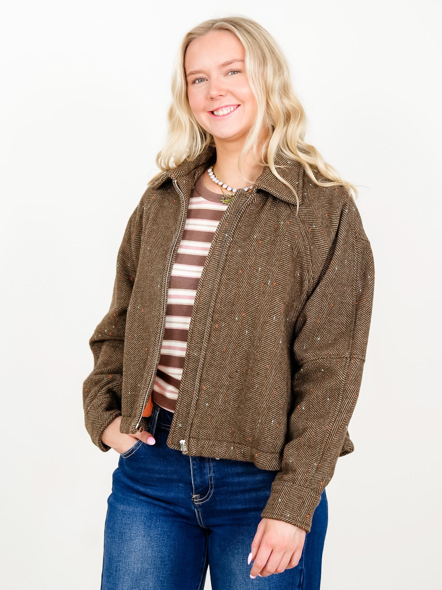 Plus/Reg Herringbone Tweed Zip Up Bomber Jacket