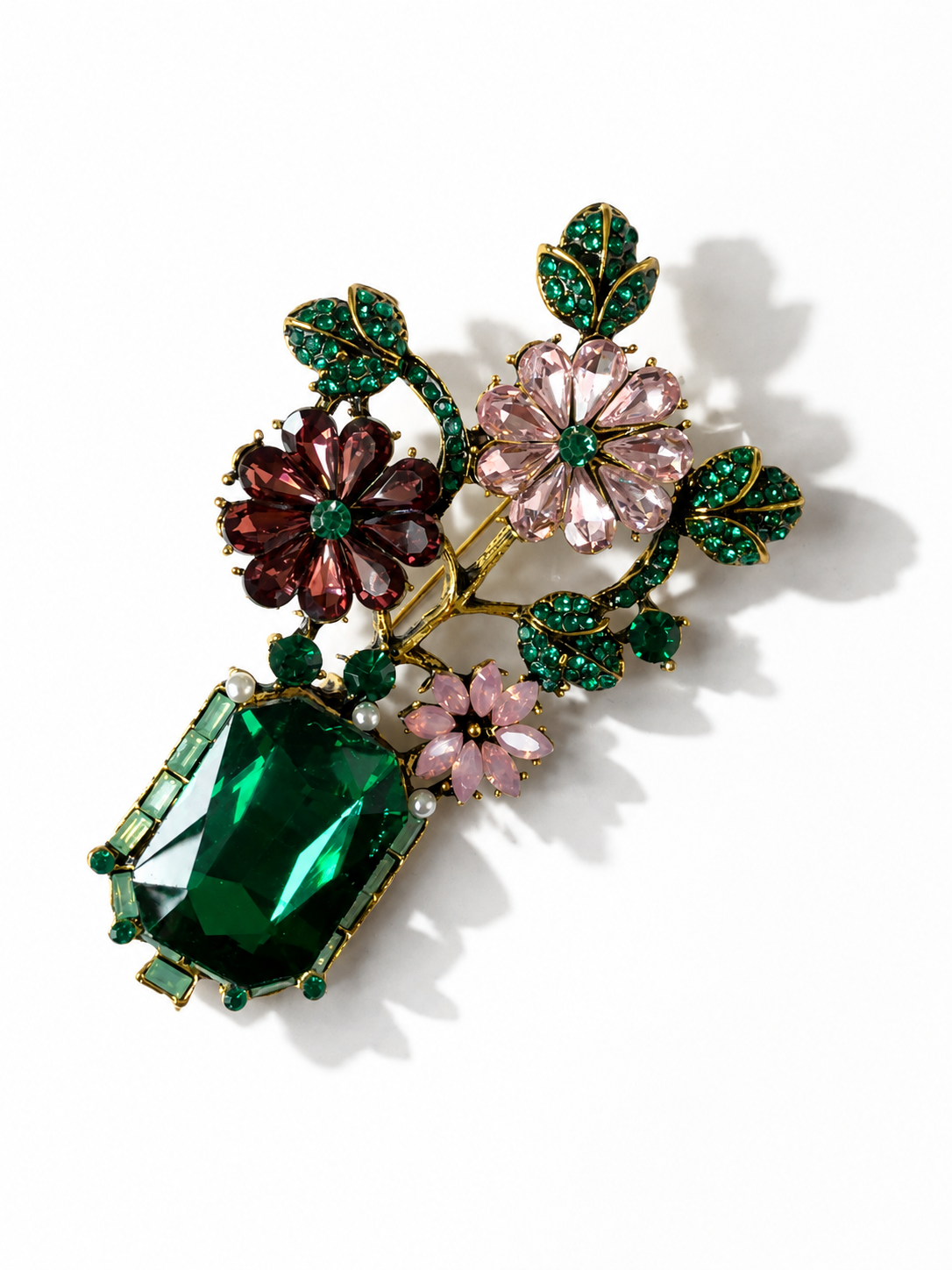 Glass And Rhinestone Vintage Flower Brooch