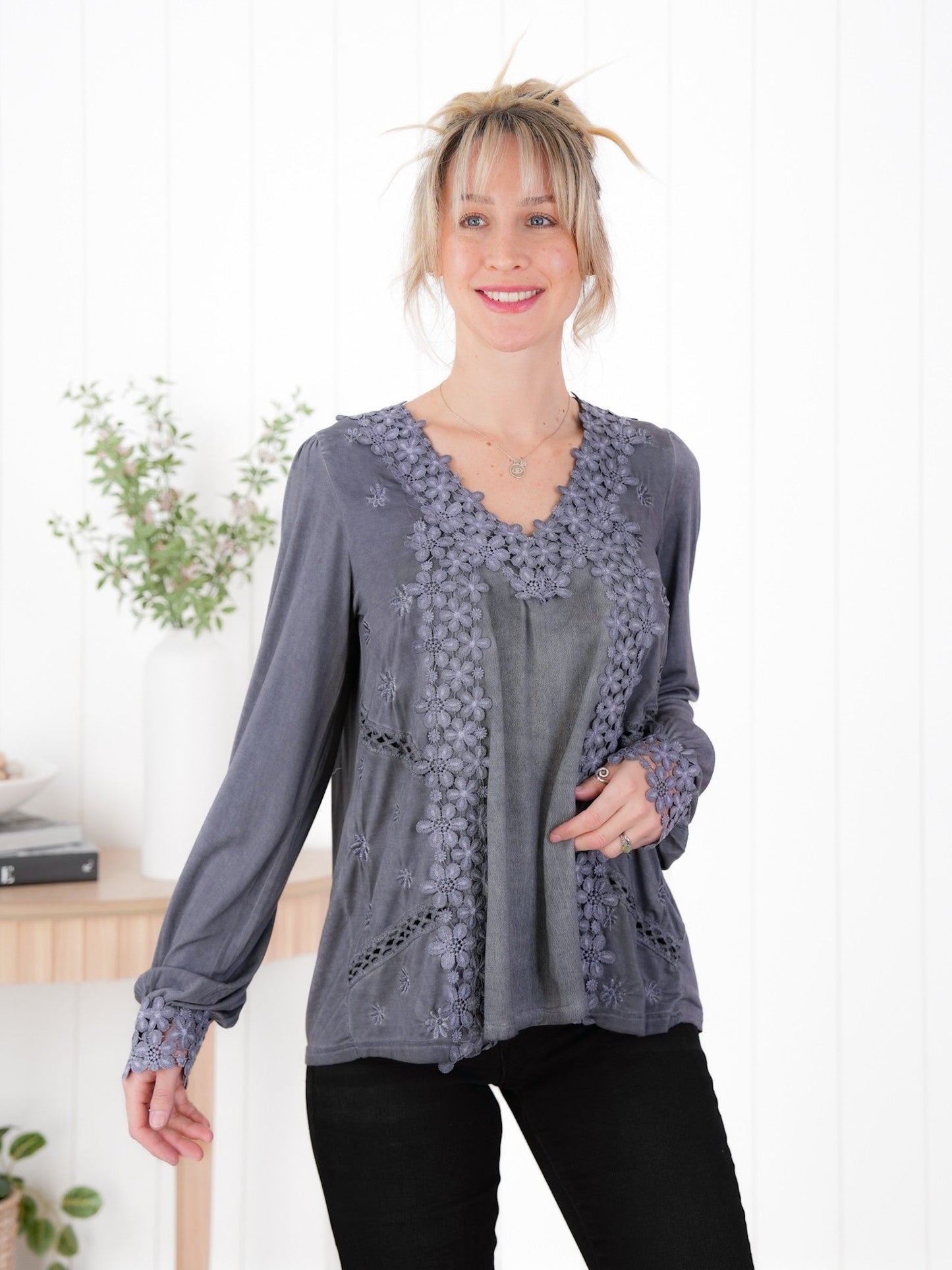 Restocks! POL Floral Embroidered Long Sleeve V-Neck Top (Multiple Colors)