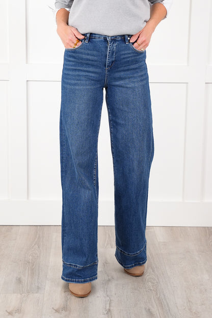 Risen High Rise Dark Wash Tummy Control Wide Leg Long Inseam Cuffed Jeans