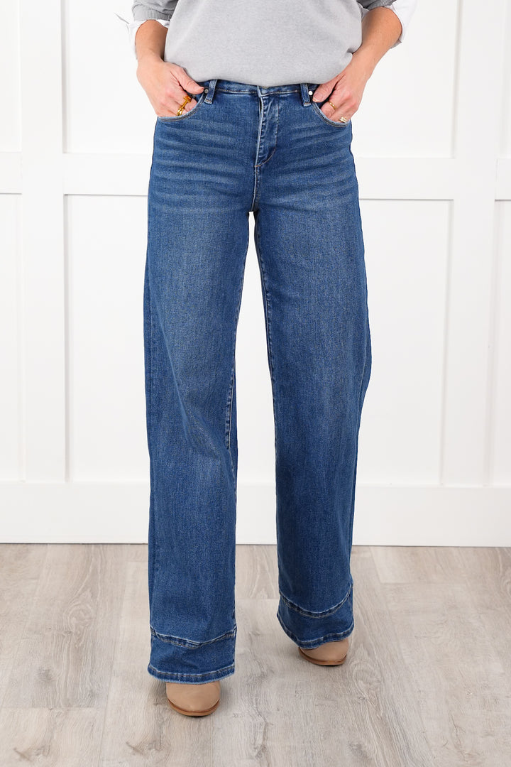 Risen High Rise Dark Wash Tummy Control Wide Leg Long Inseam Cuffed Jeans