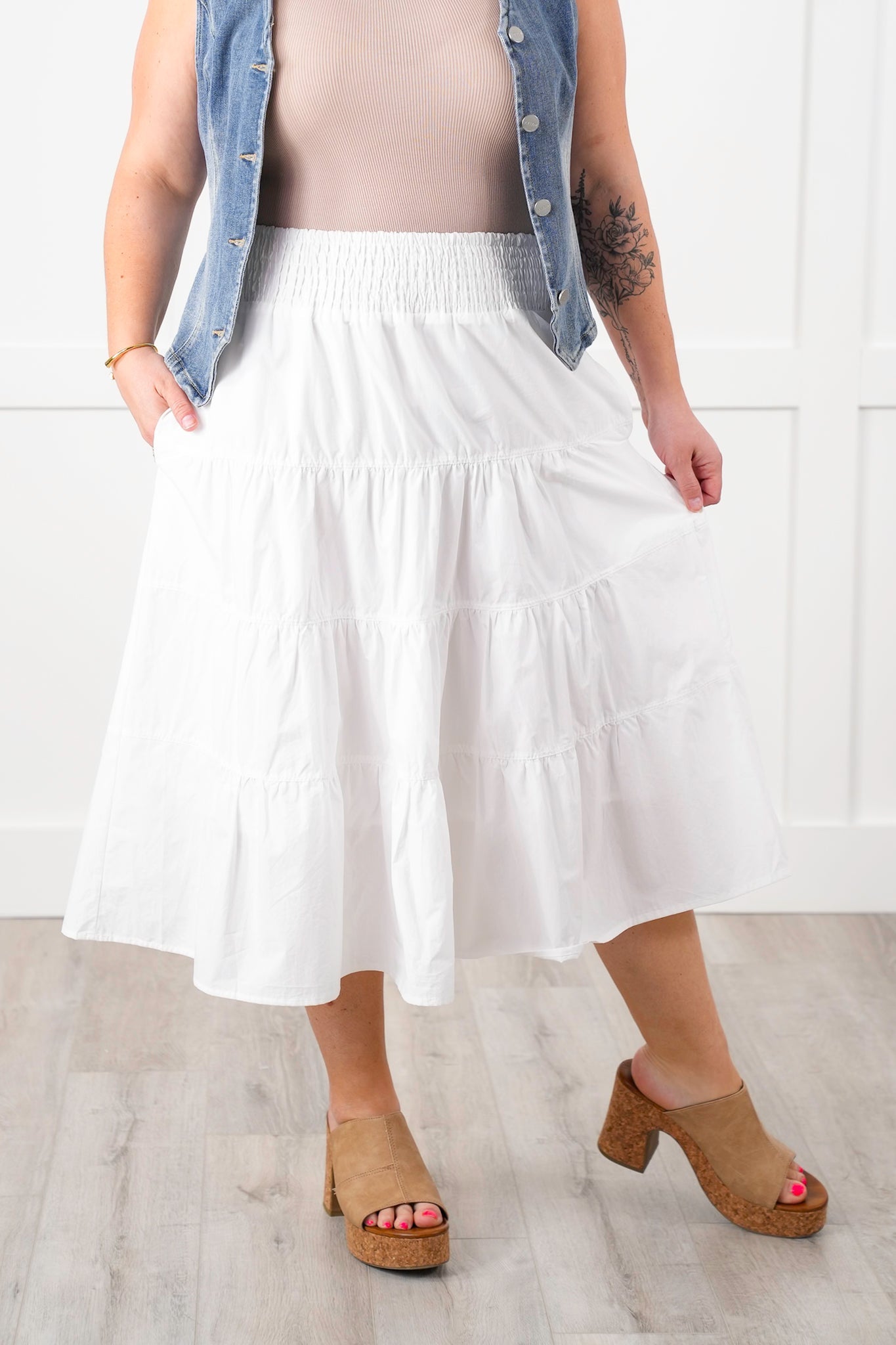White Woven Smocked Waist Tiered Skirt