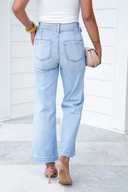 Risen High Rise Light Wash Tummy Control Cropped Wide Leg Jeans with Front Waistband Detail