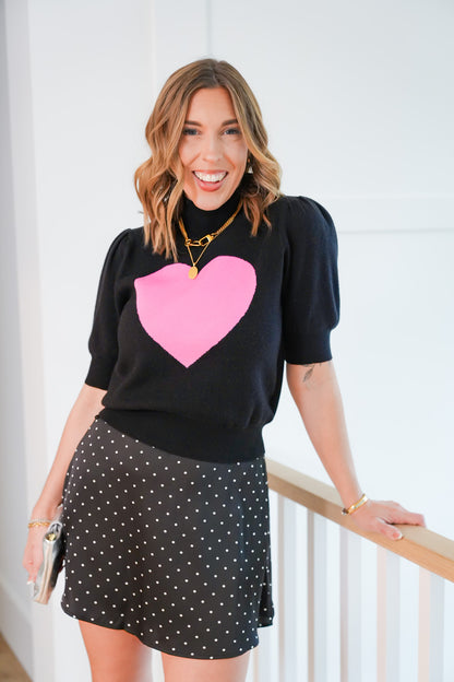 Heart Print Short Sleeve Mock Neck Sweater Top