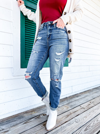 Judy Blue Boy Toy Light Wash High Rise Cuffed Boyfriend Distressed Jeans