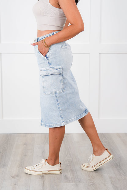 Risen High Rise Light Wash Midi Cargo Skirt
