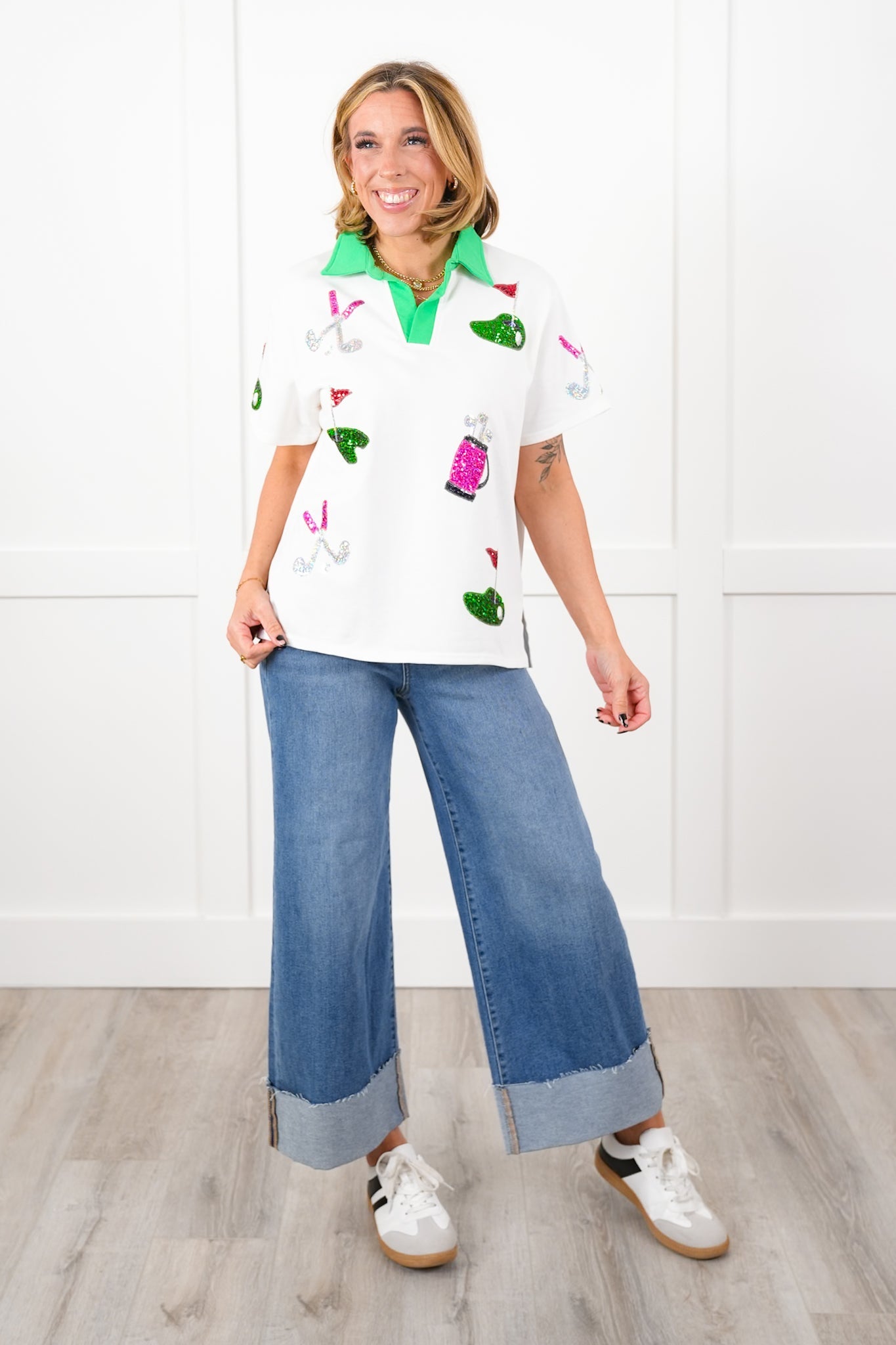 White Short Sleeve V Neck Polo Top with Sequin Golf Detail