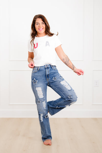 Saige High Rise Medium Wash Distressed Dad Jeans with Star Patches