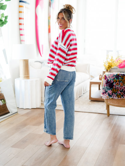 Saige High Rise Medium Wash Tummy Control Barrel Jeans With Pleats
