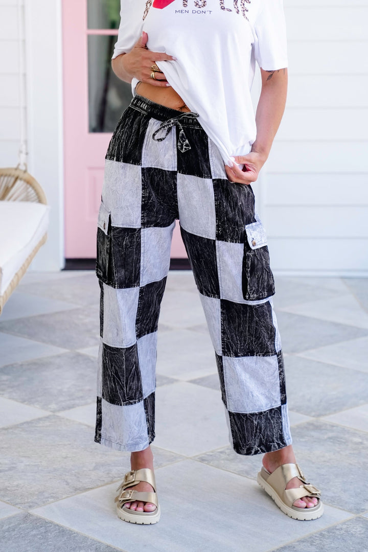 Mineral Wash Black and White Checkered Wide Leg Cargo Pants
