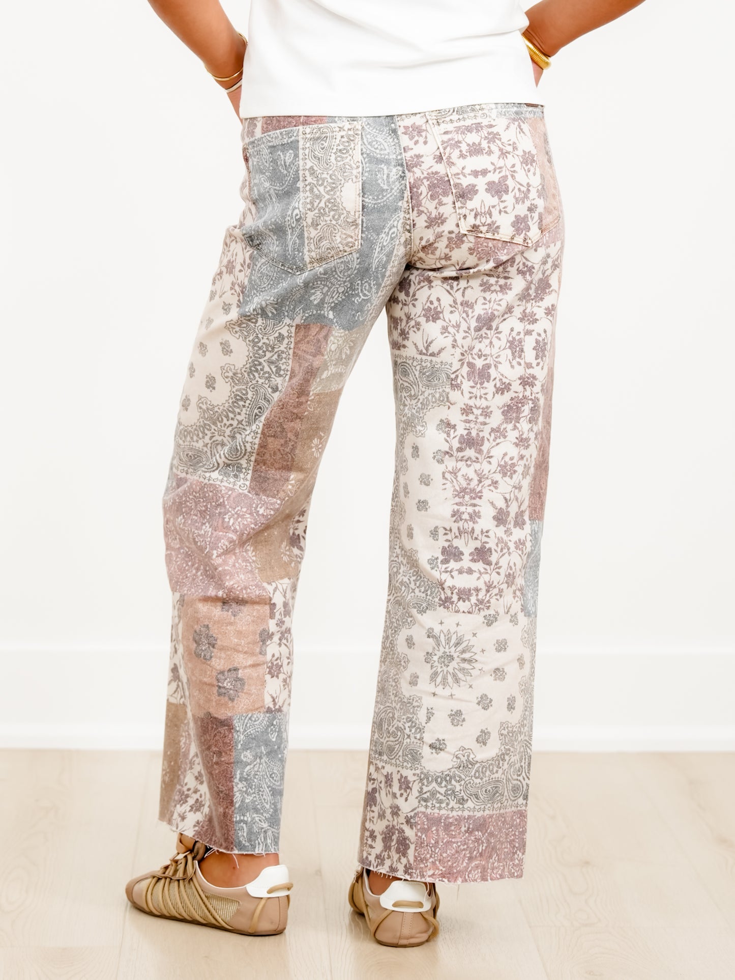 Risen High Rise Paisley Patchwork Wide Leg Ankle Jeans
