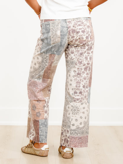 Risen High Rise Paisley Patchwork Wide Leg Ankle Jeans