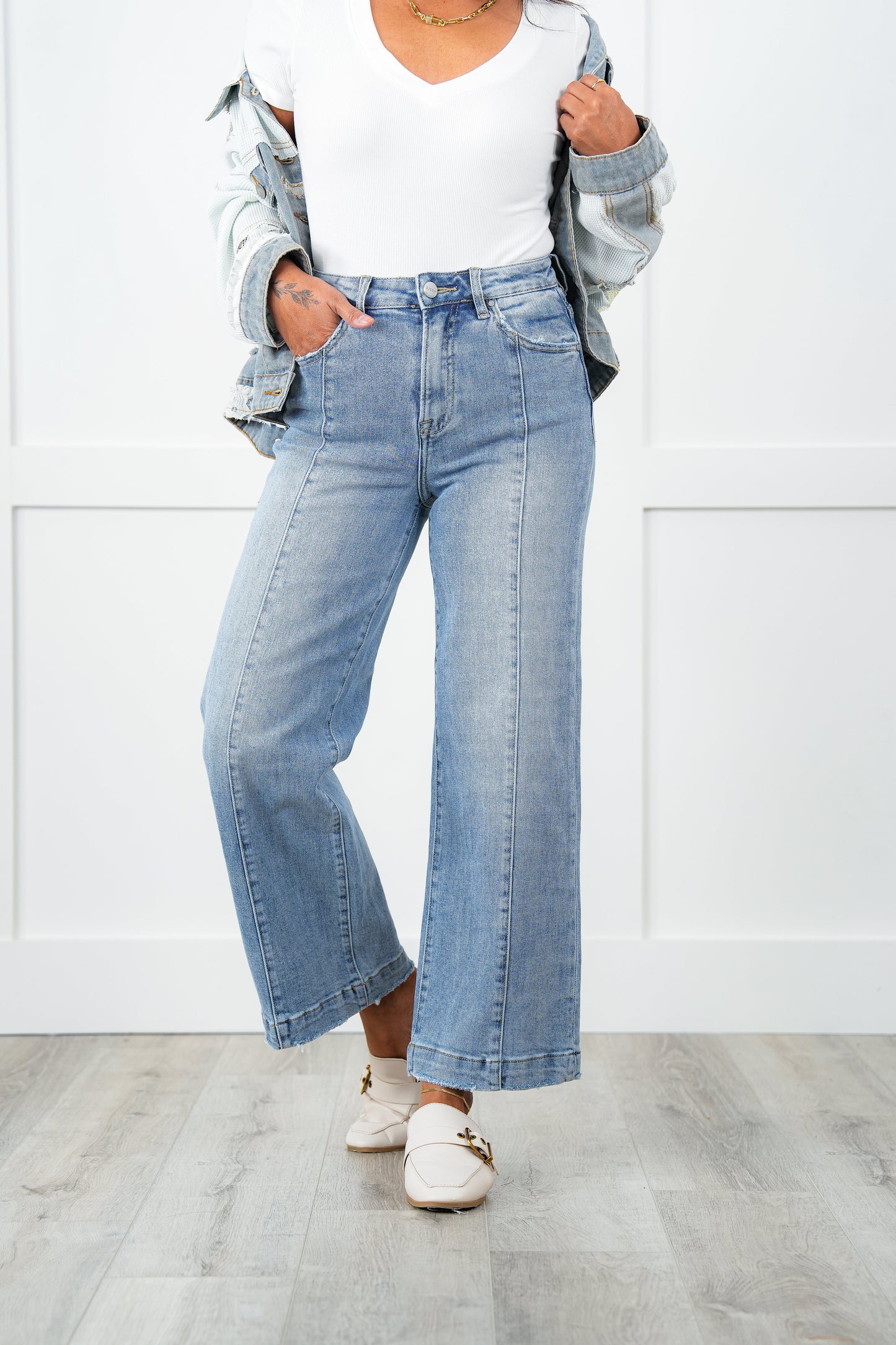 Restock! Risen High Rise Light Wash Cropped Wide Leg Jeans