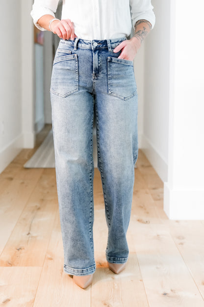 Risen Mid Rise Medium Wash Relaxed Fit Baggy Jeans with Patch Pockets