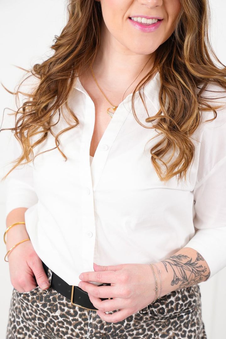 Plus/Reg White Long Sleeve Button Down Shirt with Button and Lace Up Back Detail
