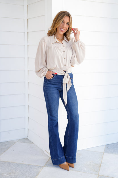 Linen Blend Long Sleeve Button Down Cropped Blouse