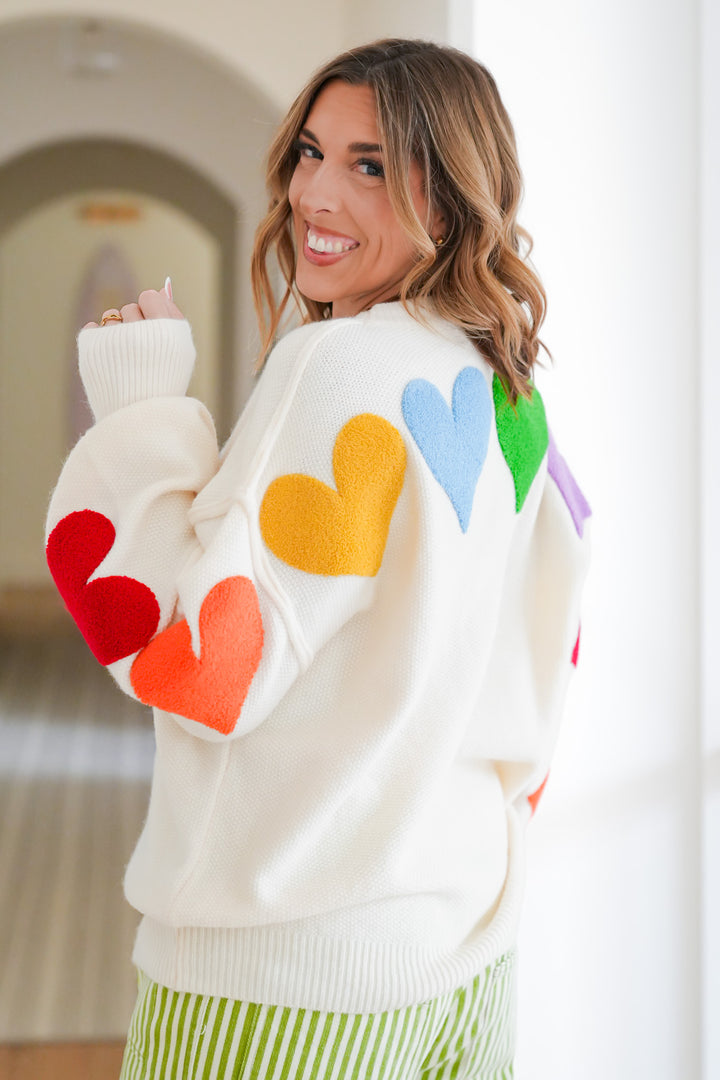Rainbow Heart Patch Long Sleeve Pullover Sweater